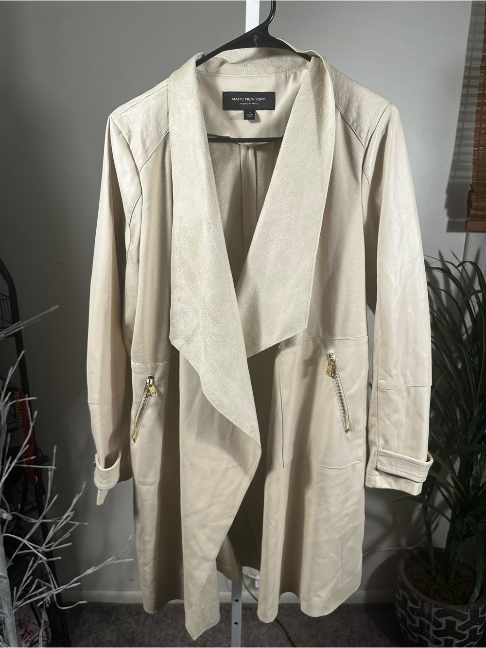 E16. Marc New York Women's Cream Leather Waterfall Drape Coat